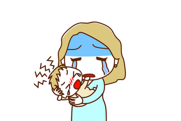 ＜上半身・正面＞泣きやまない赤ちゃんを抱っこであやすのに体力気力の限界を感じる白人女性