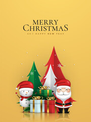 Christmas and New Year background. Xmas tree. golden gifts box. Santa Claus and snowman. Bright Winter holiday composition. Greeting card, banner, poster