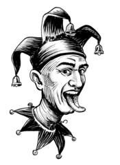 Laughing jester with his tongue out. Ink black and white drawing