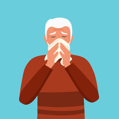 Senior man sneezing concept vector illustration. Old man sneeze in handkerchief. Sick man has flu in winter. Season allergy.