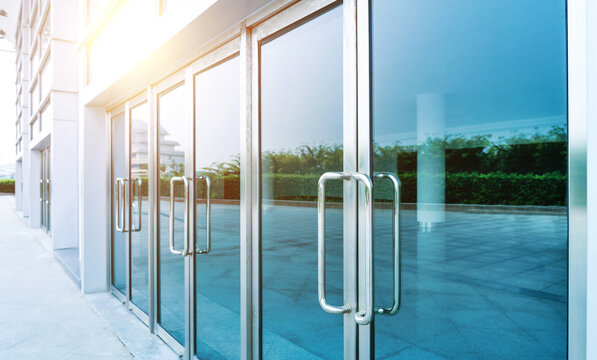 Glass doors of modern office building