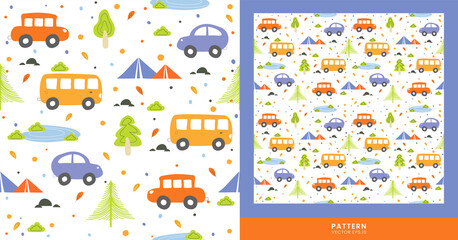 Fototapeta na wymiar Patterns - vector designs with camping holiday themes, and cute vehicles, perfect for designing clothes, wallpapers, posters and other design needs.