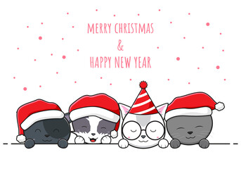 Cute cat family greeting merry christmas and happy new year cartoon doodle card background illustration