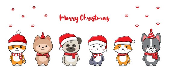 Cute dog family greeting merry christmas cartoon doodle card background illustration