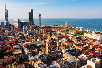 Obraz premium Top view of the residental quarters of the port city of Batumi, the capital of Adjara, and the Black Sea resort ..of Georgia