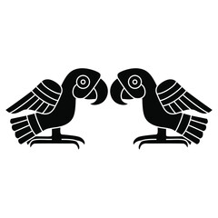 Symmetrical design or frame with two stylized funny parrot birds. Folk style. Native American animal design of Aztec Indians from Mexican codex. Black and white negative silhouette. © Olena
