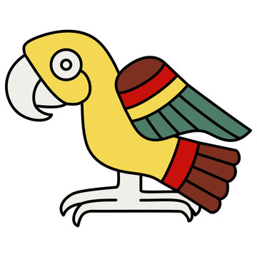 Stylized funny parrot bird. Folk style. Native American animal design of Aztec Indians from Mexican codex. Isolated vector illustration.