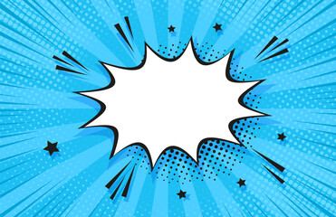 Pop art halftone background. Comic starburst pattern. Blue banner with star speech bubble. Vintage duotone texture. Gradient wow design. Cartoon superhero print. Vector illustration. - obrazy, fototapety, plakaty