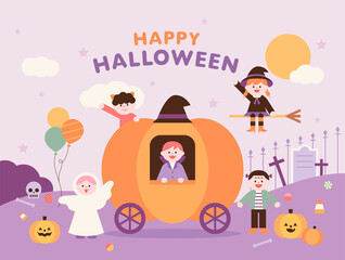 Obraz premium Halloween poster template. Cute Halloween characters are saying hello around the pumpkin carriage. flat design style vector illustration.