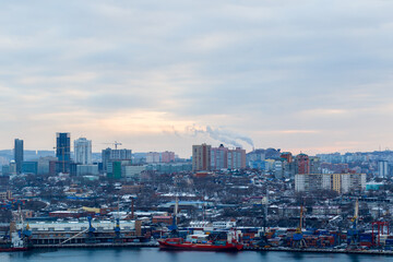 Winter, 2017 - Vladivostok, Russia - Residential buildings in Vladivostok, weaving on the hills,...