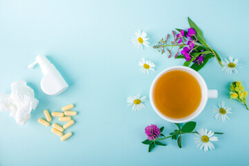 Cup of tea with flowers chamomile and blooming Sally and pills, spray for runny nose and throat. Seasonal diseases and treatment of colds, flu, heat. Herbal medicine vs conventional medicine.