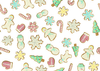 Naklejka premium Gingerbread cookies on white background, flat lay composition. seamless pattens, isolated