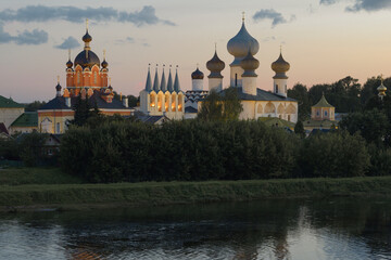 Tikhvin Assumption Monastery in August twilight. Leningrad region, Russia