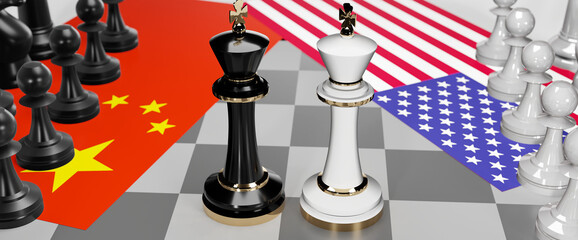 China and USA conflict, clash, crisis and debate between those two countries that aims at a trade deal and dominance symbolized by a chess game with national flags, 3d illustration