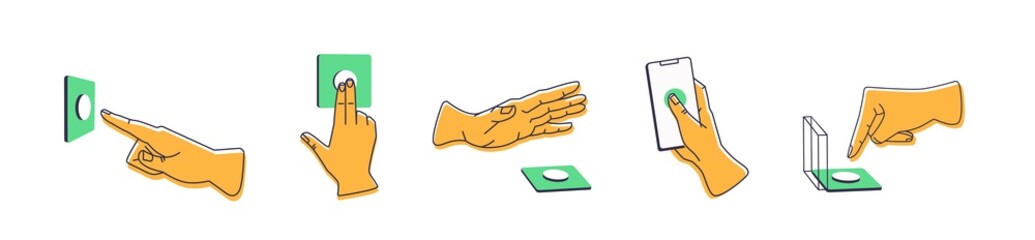 Fingers pressing power buttons set. Hands touching, pushing, clicking and tapping for switching on and off, activating and launching smth. Colored flat vector illustration isolated on white background