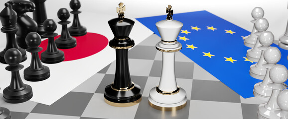 Japan and EU Europe conflict, clash, crisis and debate between those two countries that aims at a trade deal and dominance symbolized by a chess game with national flags, 3d illustration