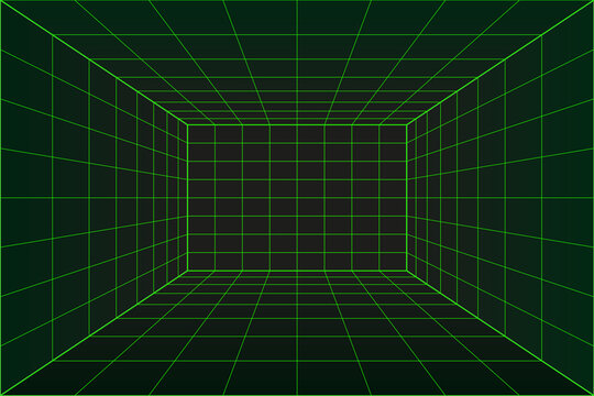 3d Grid perspective room in matrix technology style. Virtual reality tunnel or wormhole. Abstract binary computer code background