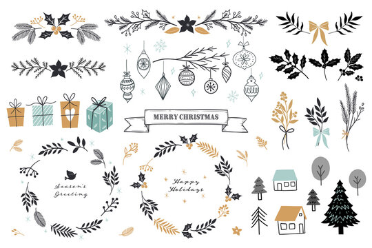 collection of Christmas element vector illustration. hand drawn tree, present, floral frames, and ribbon. 