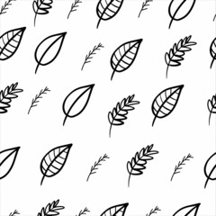 Black-white seamless pattern. Different hand drawn leaves.