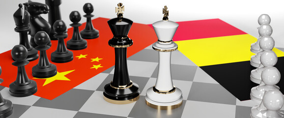 China and Belgium conflict, clash, crisis and debate between those two countries that aims at a trade deal and dominance symbolized by a chess game with national flags, 3d illustration