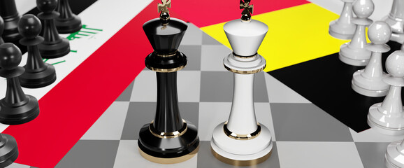 Iraq and Belgium conflict, clash, crisis and debate between those two countries that aims at a trade deal and dominance symbolized by a chess game with national flags, 3d illustration