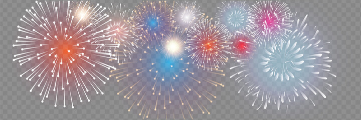 set of isolated vector fireworks on a transparent background. - obrazy, fototapety, plakaty