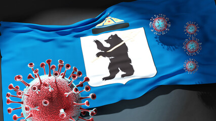 Covid in Yaroslavl - coronavirus attacking a city flag of Yaroslavl as a symbol of a fight and struggle with the virus pandemic in this city, 3d illustration