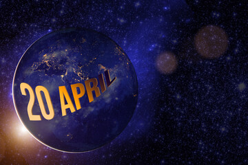 April 20th. Day 20 of month, Calendar date. Earth globe planet with sunrise and calendar day. Elements of this image furnished by NASA. Spring month, day of the year concept.