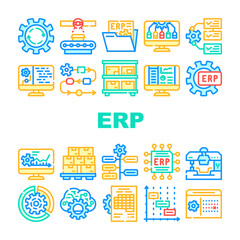 Erp Enterprise Resource Planning Icons Set Vector. Erp Working Process And Goods Production Control, Time Intervals And Deadline, Reporting System And Organization Line. Color Illustrations