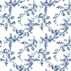Beautiful vector seamless underwater pattern with watercolor sea horse. Stock illustration.