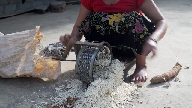 unrecognizable Vietnamese woman striping cassava root in squat down
