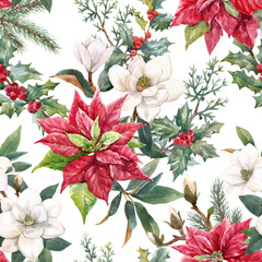 Beautiful floral christmas seamless pattern with hand drawn watercolor winter flowers such as red poinsettia holly. Stock 2022 winter illustration. - obrazy, fototapety, plakaty