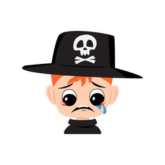 Avatar of boy with red hair, crying and tears emotion, sad face, depressive eyes in hat with skull. Head of cute child with melancholy expression in carnival costume for Halloween party