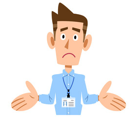 社員証を付け、がっかりする水色のシャツを着た男性
