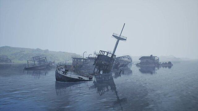 Ship cemetery in the sea