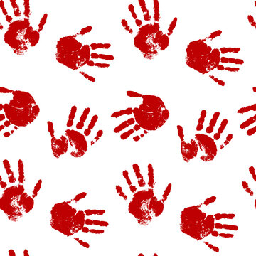 Blood hand print seamless pattern on white background. Red prints. Vector background