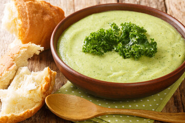 Delicious homemade kale puree soup close-up in a bowl on the table. horizontal
