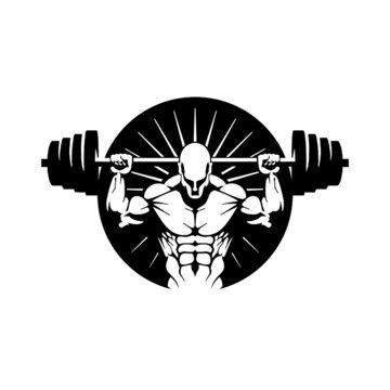 Label strong bodybuilder with barbell, vector, logo, mascot