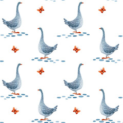 Cute watercolour pattern. Illustration with farm birds.