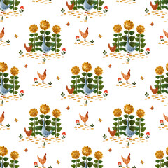 Cute watercolour pattern. Illustration with farm birds and flowers.