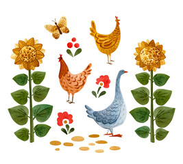 Cute watercolour set with folklore elements. Isolated on white background.