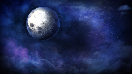 Fantastic moon among the clouds on a starry night. 3D render