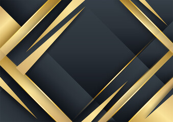 Black gold background. Vector luxury tech background. Stack of black paper material layer with gold stripe. Arrow shape premium wallpaper