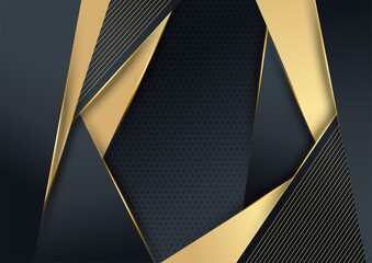 Vector luxury tech background. Stack of black paper material layer with gold stripe. Arrow shape premium wallpaper