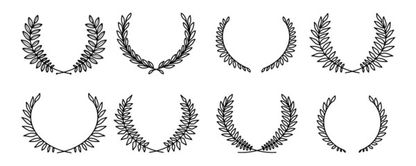 Laurel wreath. Set of outline and vector hand drawn laurel wreaths isolated on white background. Doodle style. Outline floral frames.