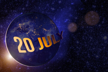 July 20th. Day 20 of month, Calendar date. Earth globe planet with sunrise and calendar day. Elements of this image furnished by NASA. Summer month, day of the year concept.