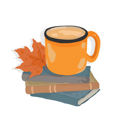 Picnic in the autumn garden. Tea, coffee in a mug. Books. Yellow leaves. Autumn decorative design. Isolated vector colorful element on a white background. 