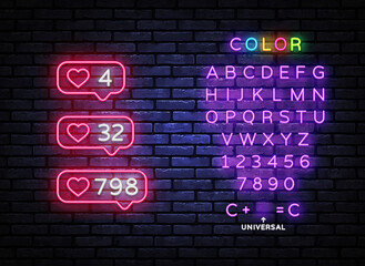 Fototapeta premium Social media Like Neon Icons Vector. Like Me neon sign, design template, modern trend design, night signboard, night bright advertising, light banner, light art. Vector. Editing text neon sign