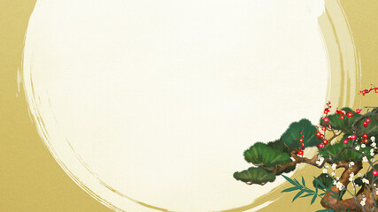 Golden oriental background material with pine trees and handwriting