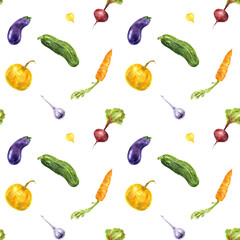 Watercolor seamless pattern of garden vegetables on white background.